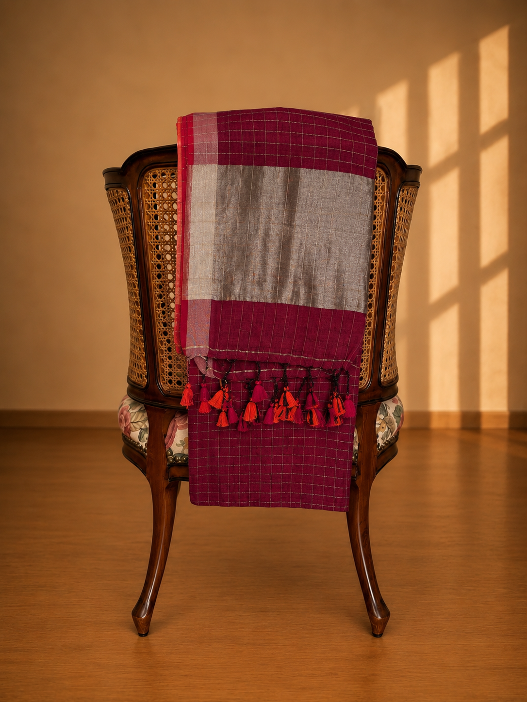 Wine and Silver Checkered Linen Saree