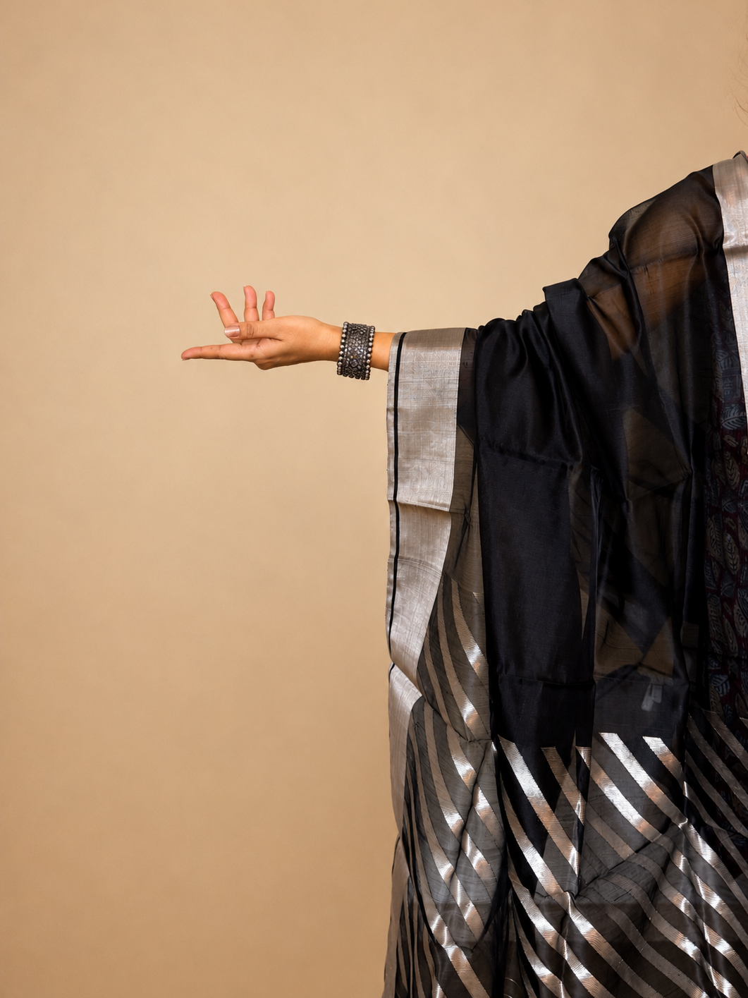Black Chanderi Cotton Silk Saree with Silver Stripes