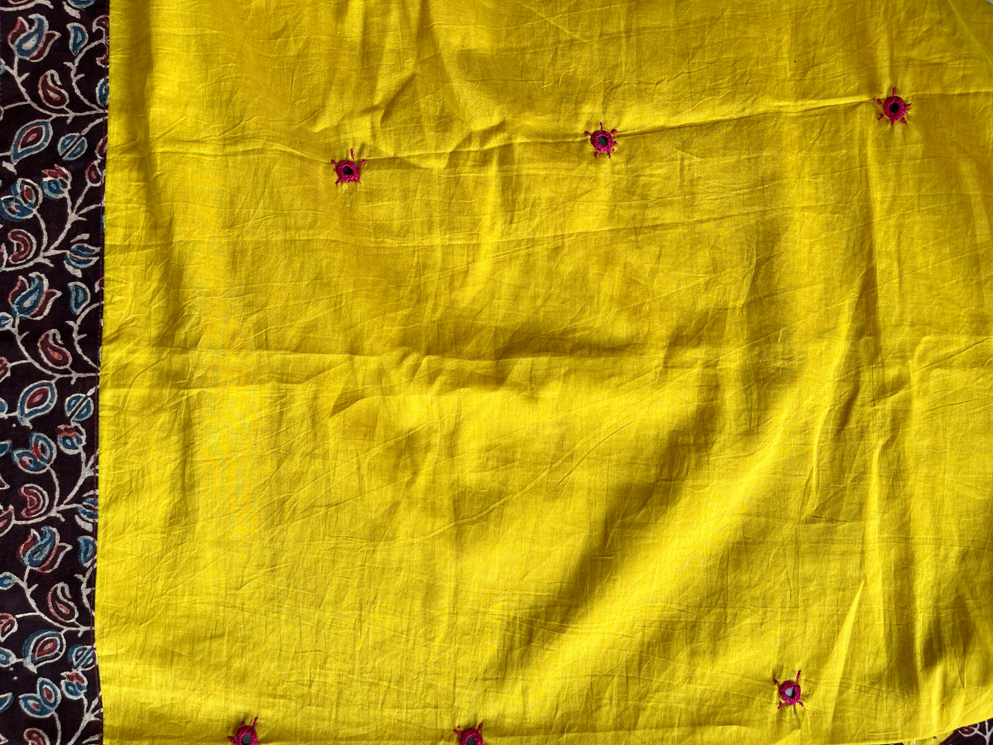 Sunny Yellow and Brown Ajrakh Applique Saree