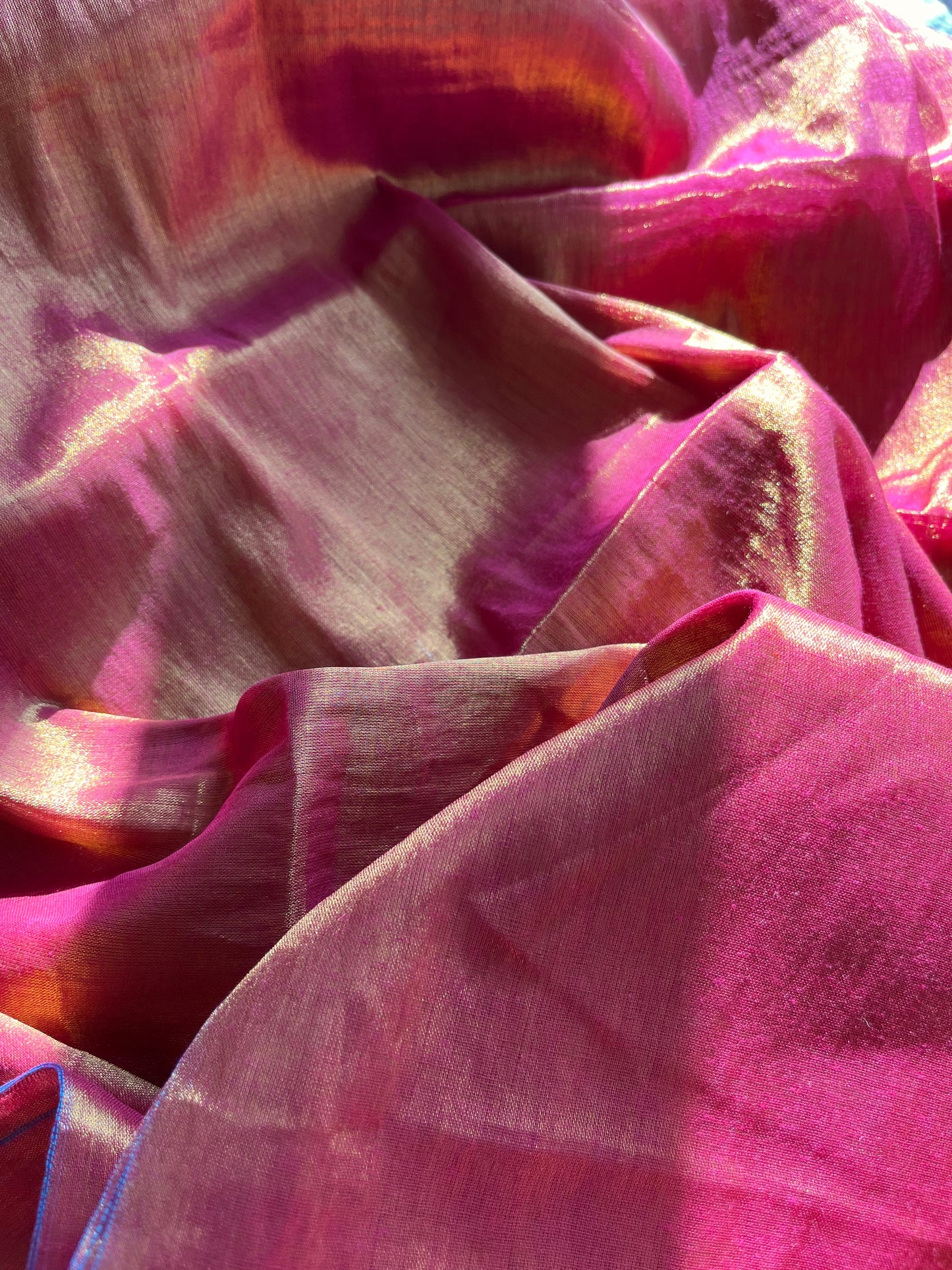 Shimmering Pink & Gold Cotton Zari Saree