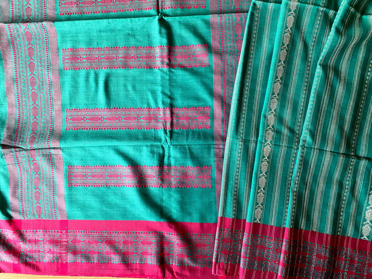 Teal and Pink Bengal Cotton Saree