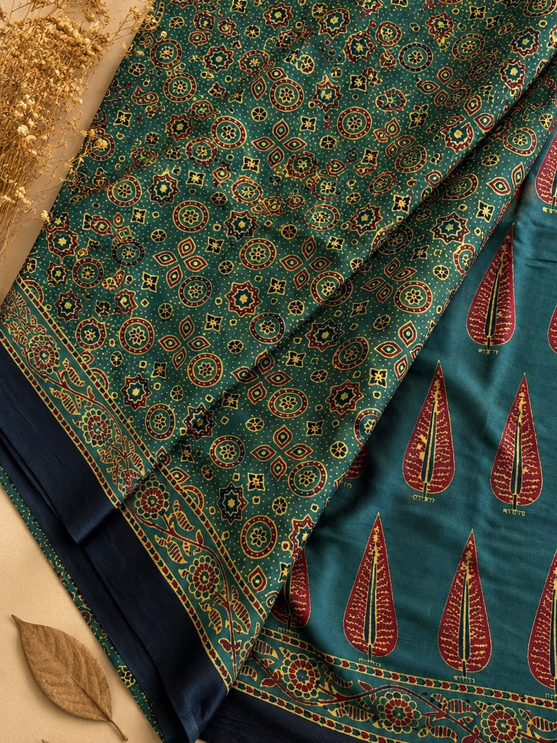 Green Leaf Motif Ajrakh Modal Silk Saree