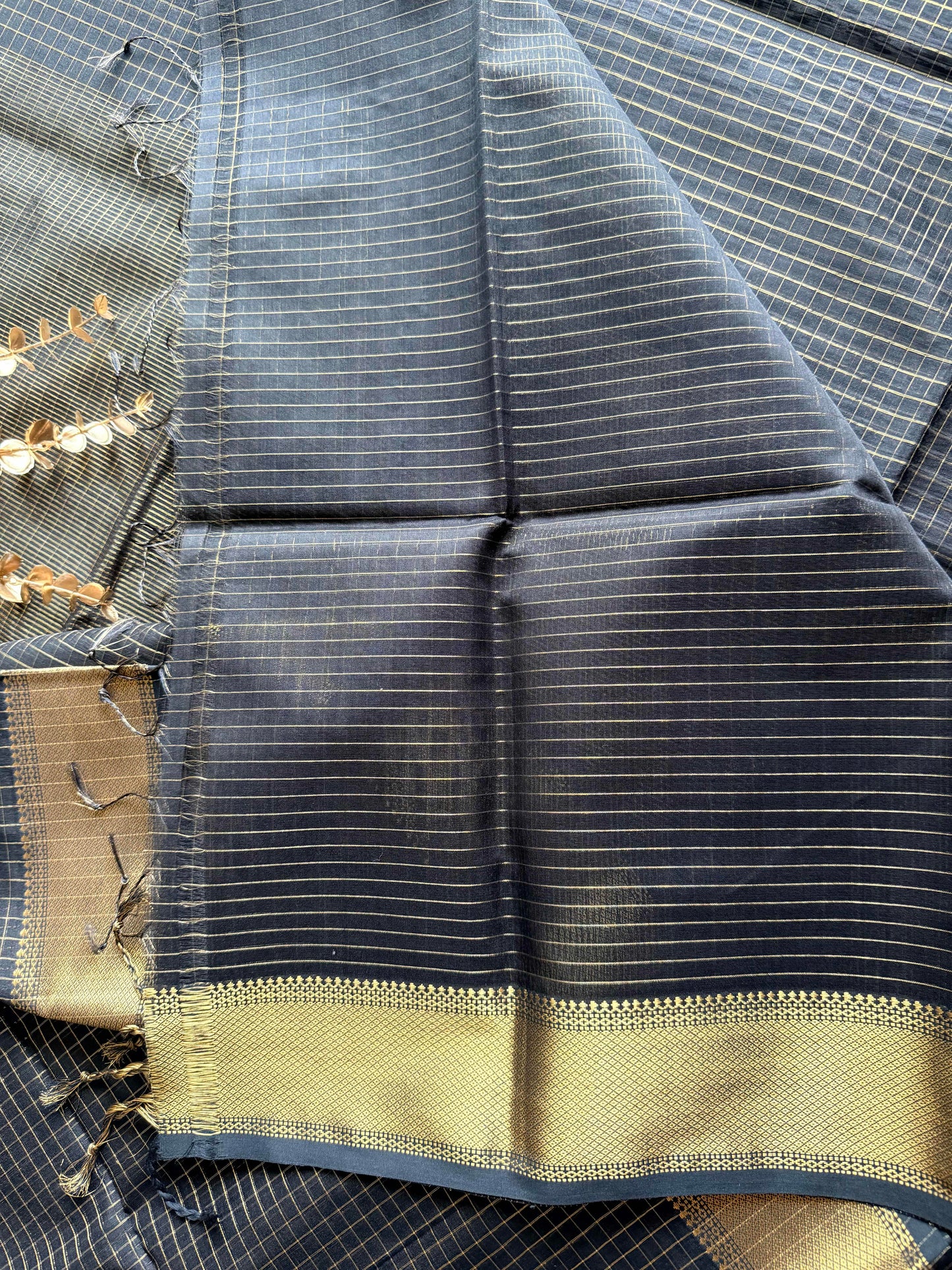 Black and Gold Checks Maheshwari Saree