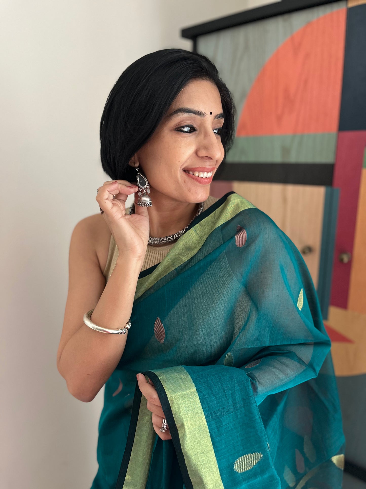 Bottle Green Jamdani Saree with Copper Accents