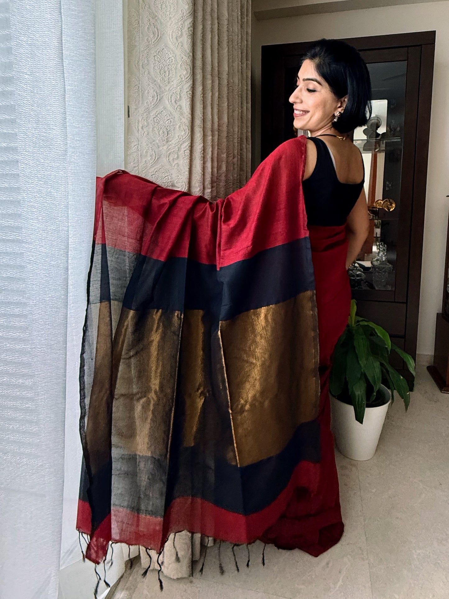 Deep Red Khadi Cotton Saree