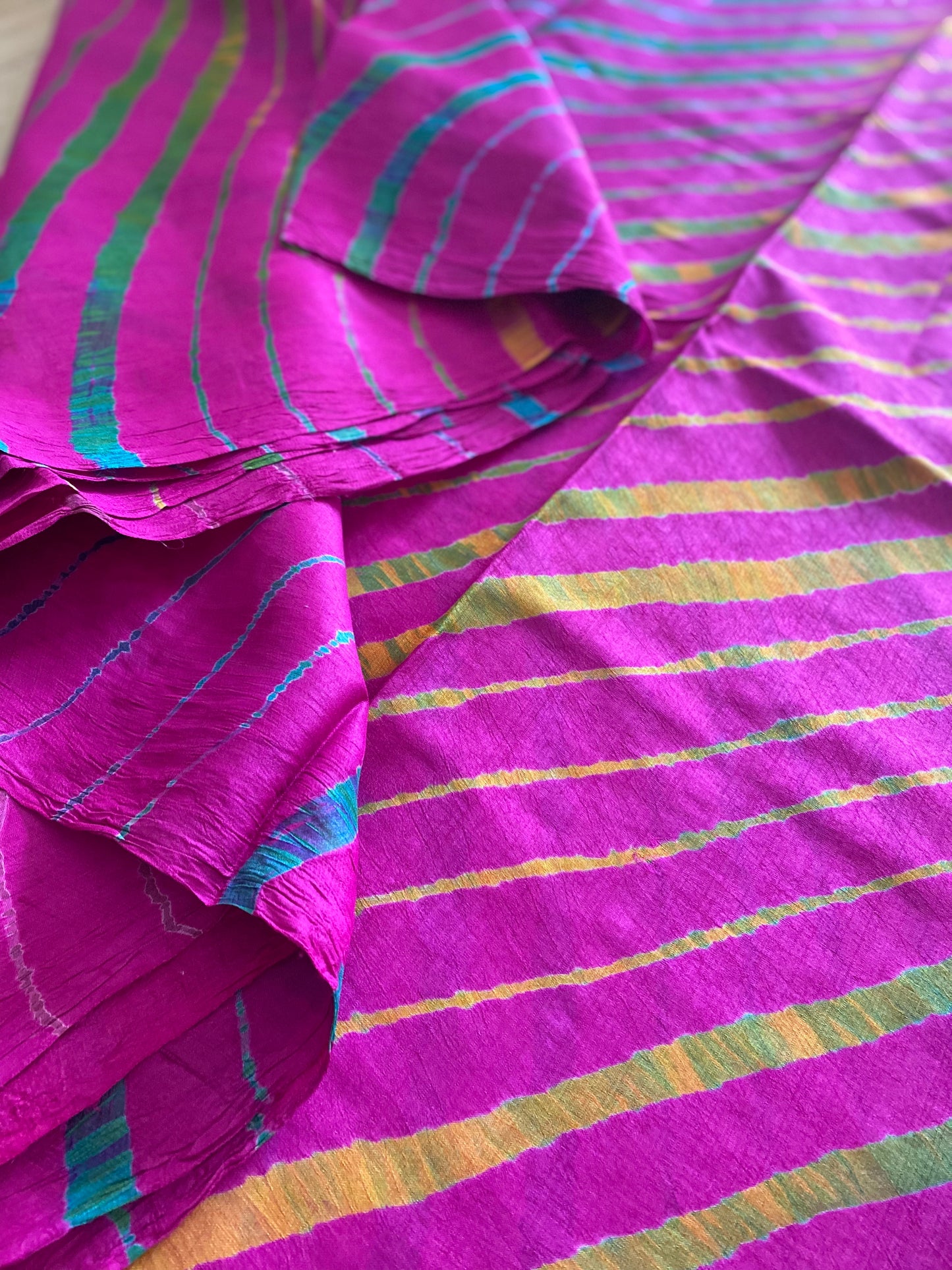 Fuchsia Leheriya Saree on Tussar Silk