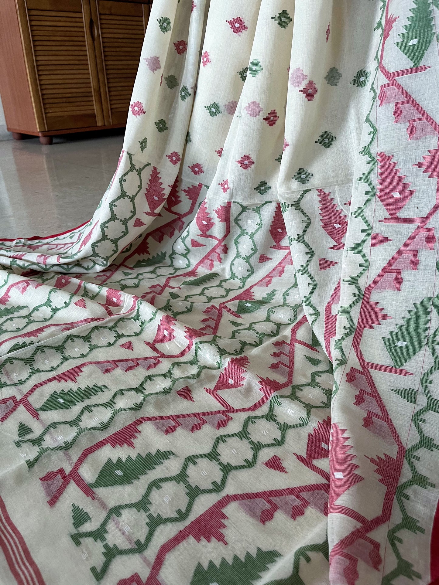 Off-white, red and green Jamdani Saree