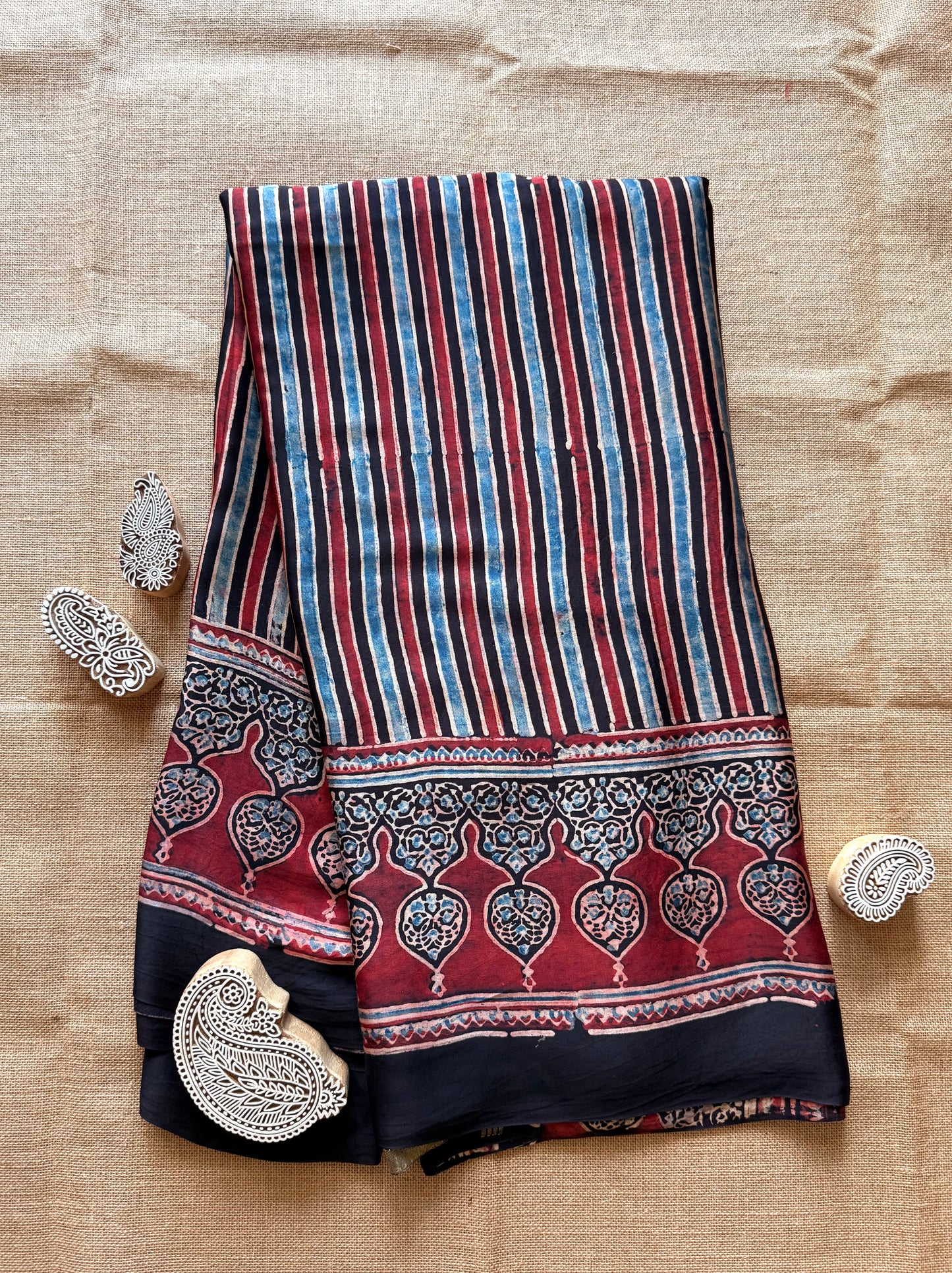 Striped Symphony Ajrakh Modal Silk Saree