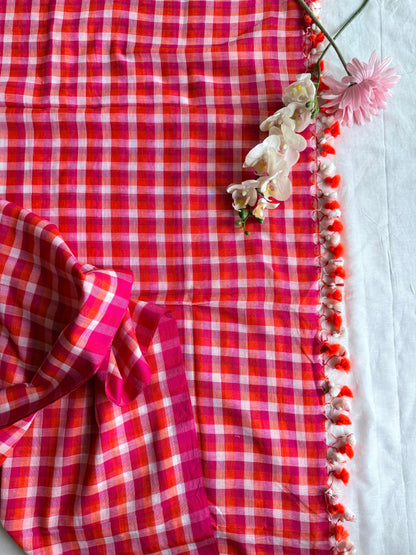 Coral Red & Hot Pink Gingham Check Mul Cotton Saree (Copy)