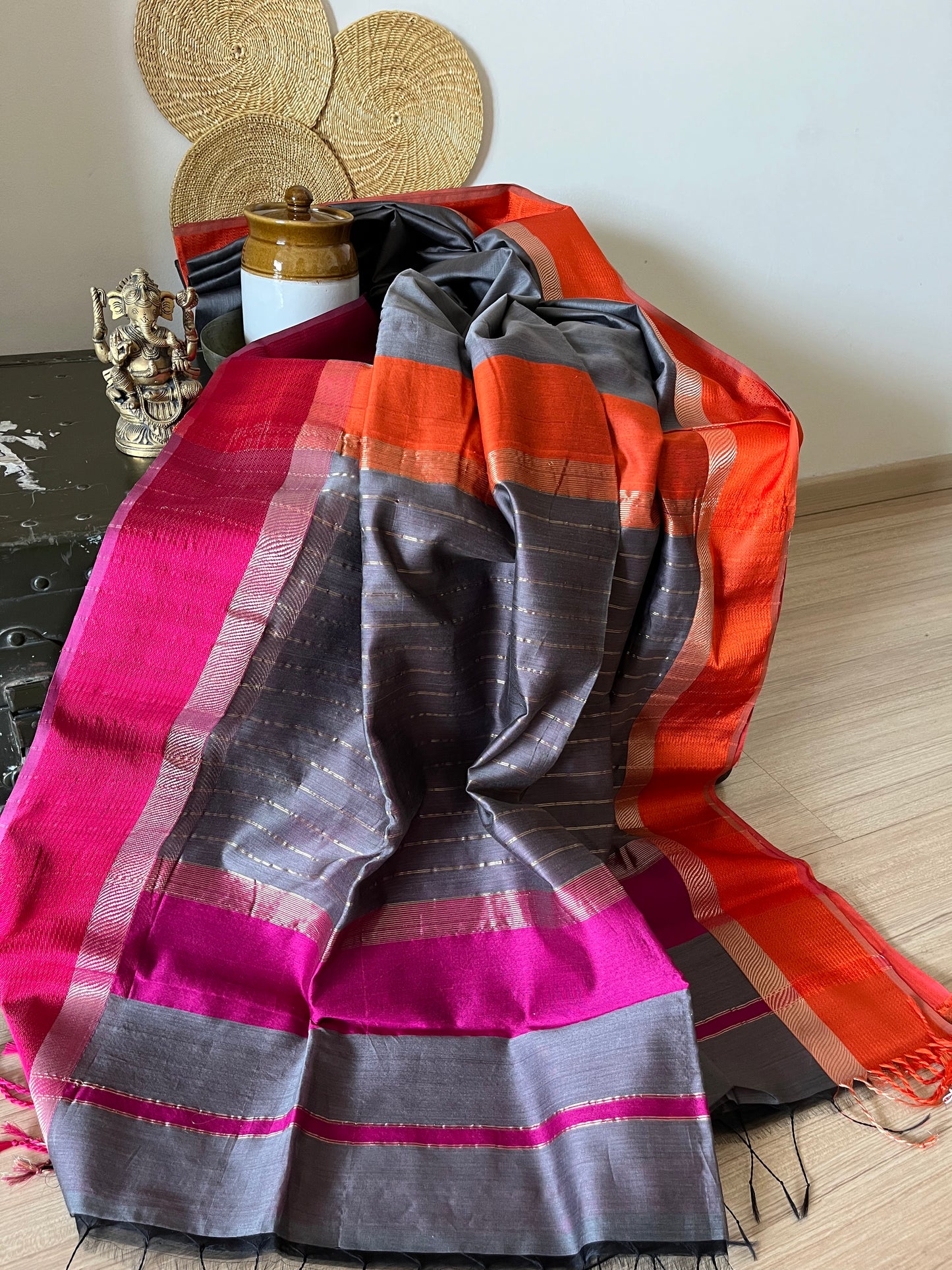 Grey Maheshwari Saree with Ganga Jamuna Resham Borders