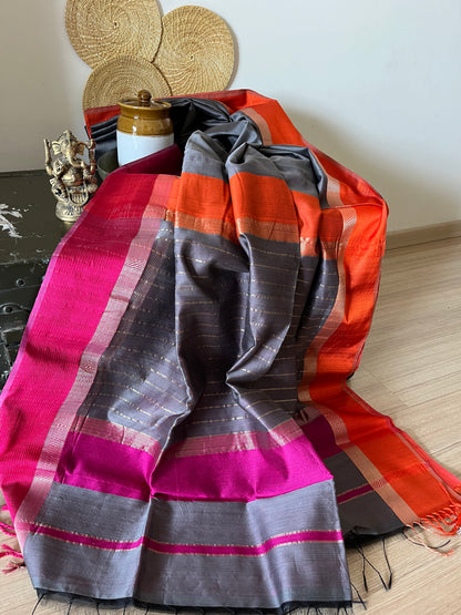 Grey Maheshwari Saree with Ganga Jamuna Resham Borders