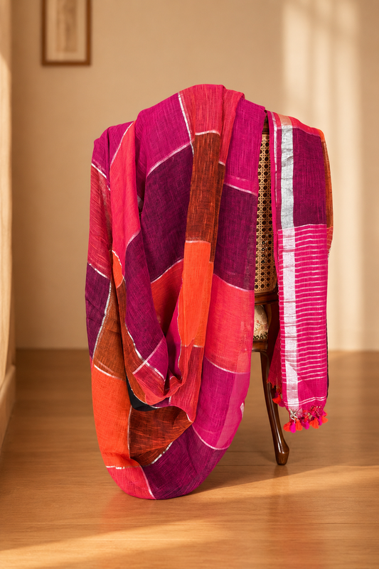 Browns, Pinks and Reds Linen Check Saree