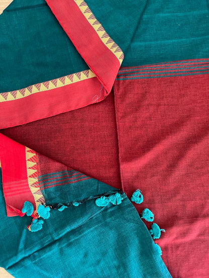 Red & Aqua Blue Bengal Cotton Saree
