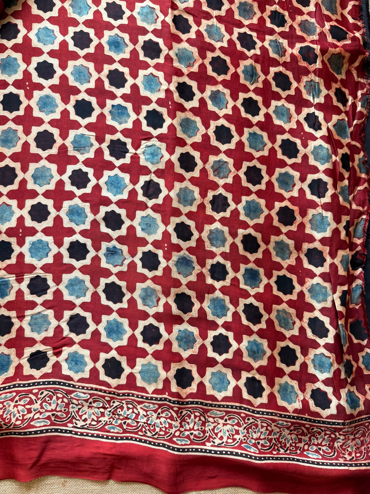 Red Geometric Ajrakh Print Modal Silk Saree