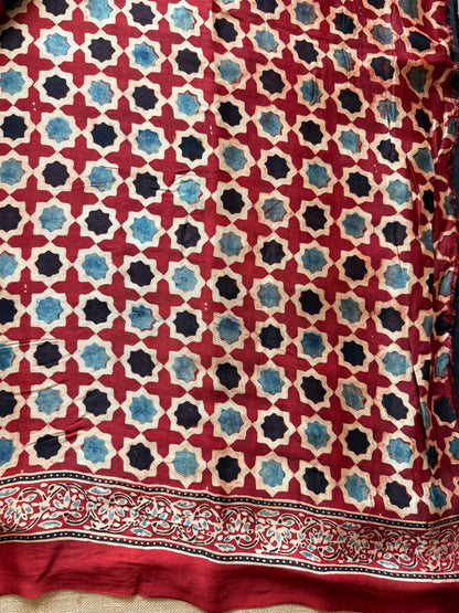 Red Geometric Ajrakh Print Modal Silk Saree