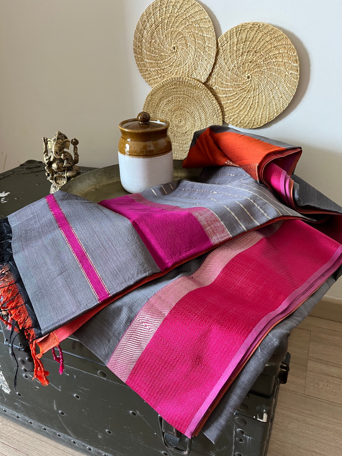 Grey Maheshwari Saree with Ganga Jamuna Resham Borders