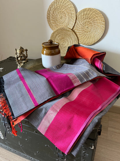 Grey Maheshwari Saree with Ganga Jamuna Resham Borders