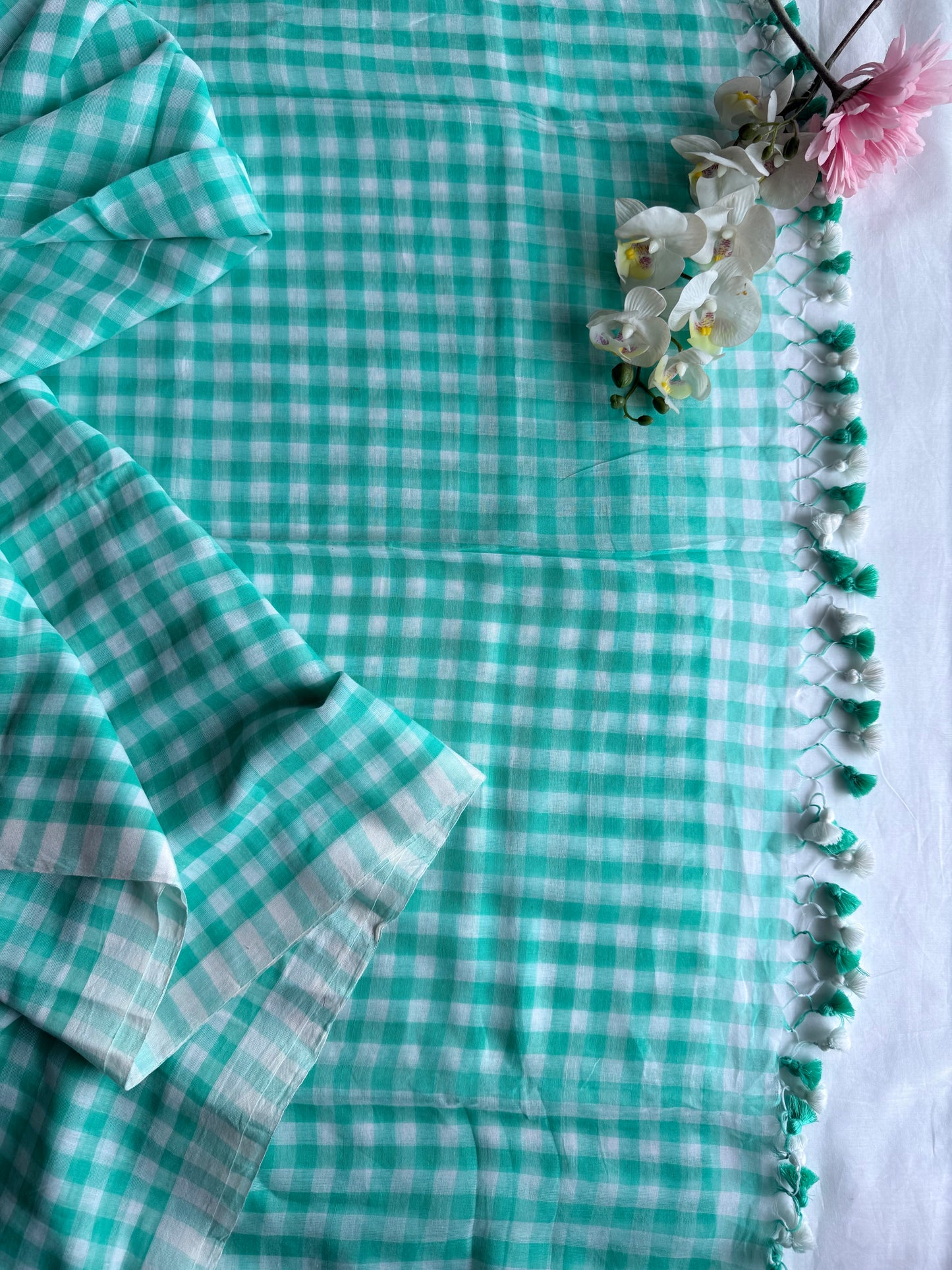 Mint Blue and White Gingham Check Mul Cotton Saree