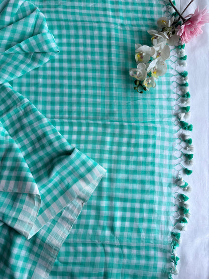 Mint Blue and White Gingham Check Mul Cotton Saree