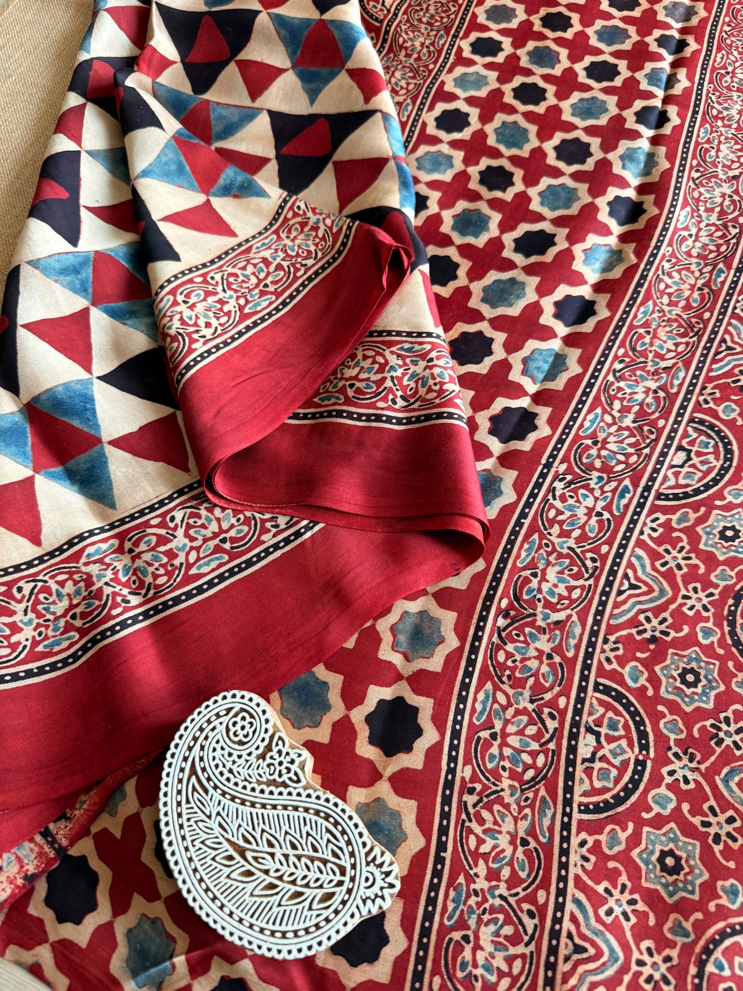 Red Geometric Ajrakh Print Modal Silk Saree