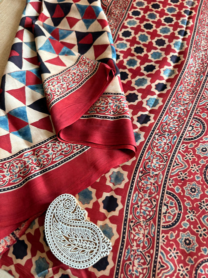 Red Geometric Ajrakh Print Modal Silk Saree