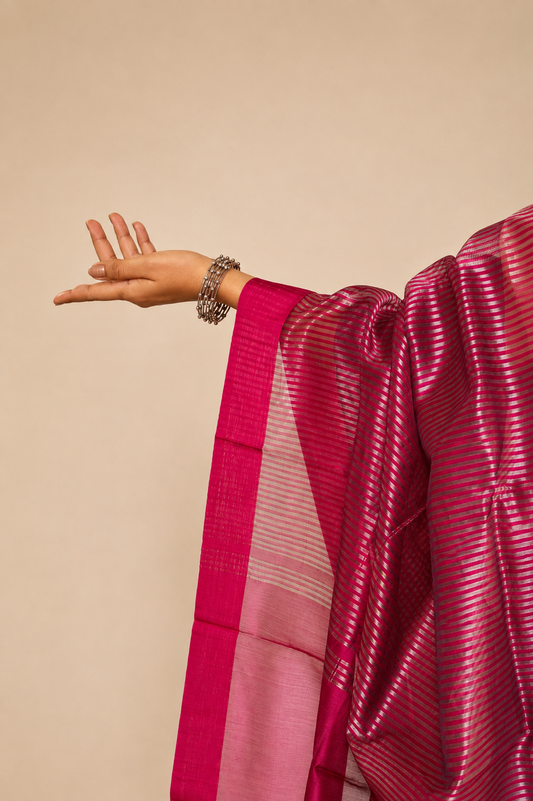 Wine and Silver Striped Chanderi Silk Saree