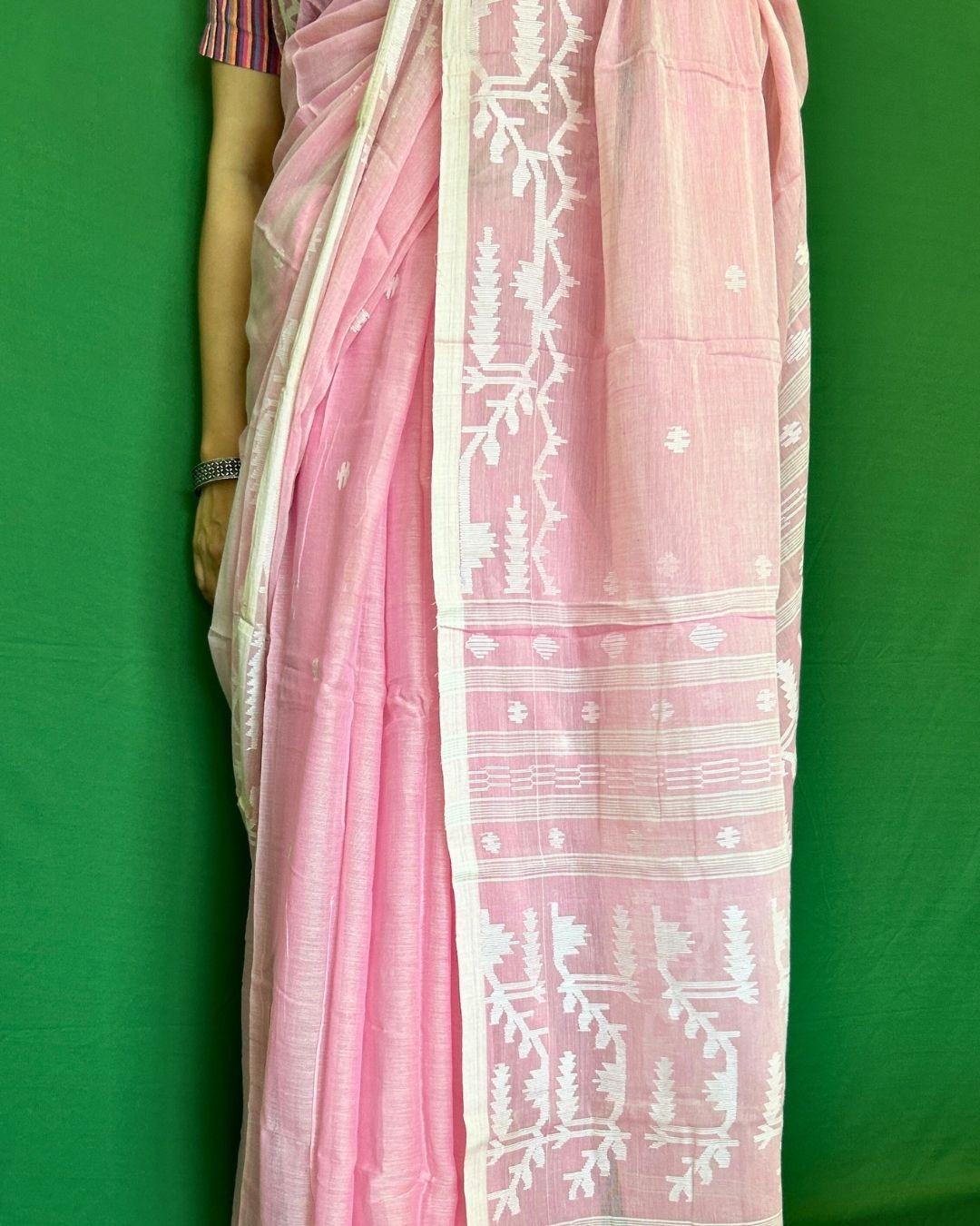 Carnation Pink and White Cotton Jamdani Saree