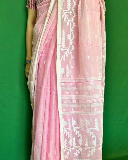 Carnation Pink and White Cotton Jamdani Saree