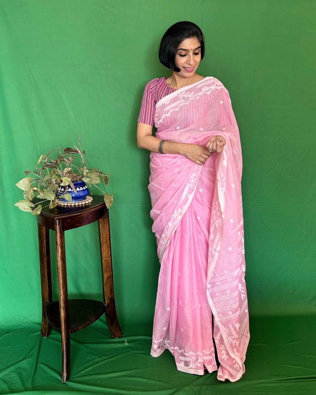 Carnation Pink and White Cotton Jamdani Saree