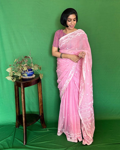 Carnation Pink and White Cotton Jamdani Saree