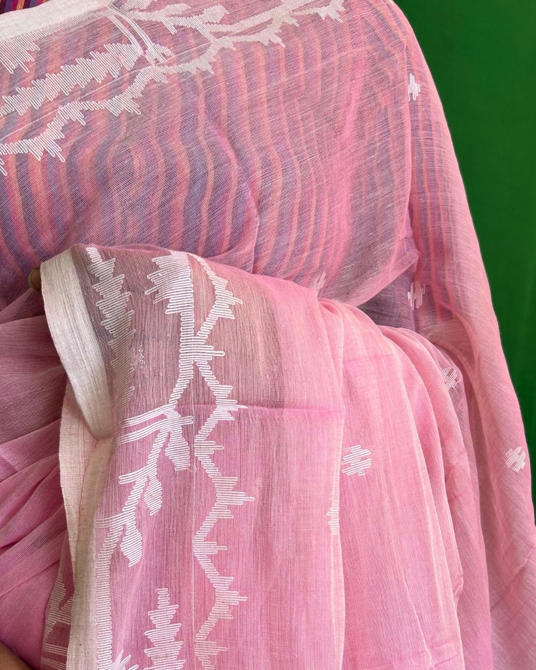 Carnation Pink and White Cotton Jamdani Saree