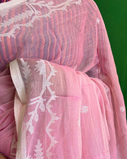 Carnation Pink and White Cotton Jamdani Saree