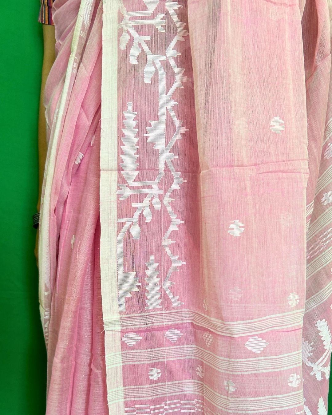 Carnation Pink and White Cotton Jamdani Saree