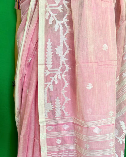 Carnation Pink and White Cotton Jamdani Saree