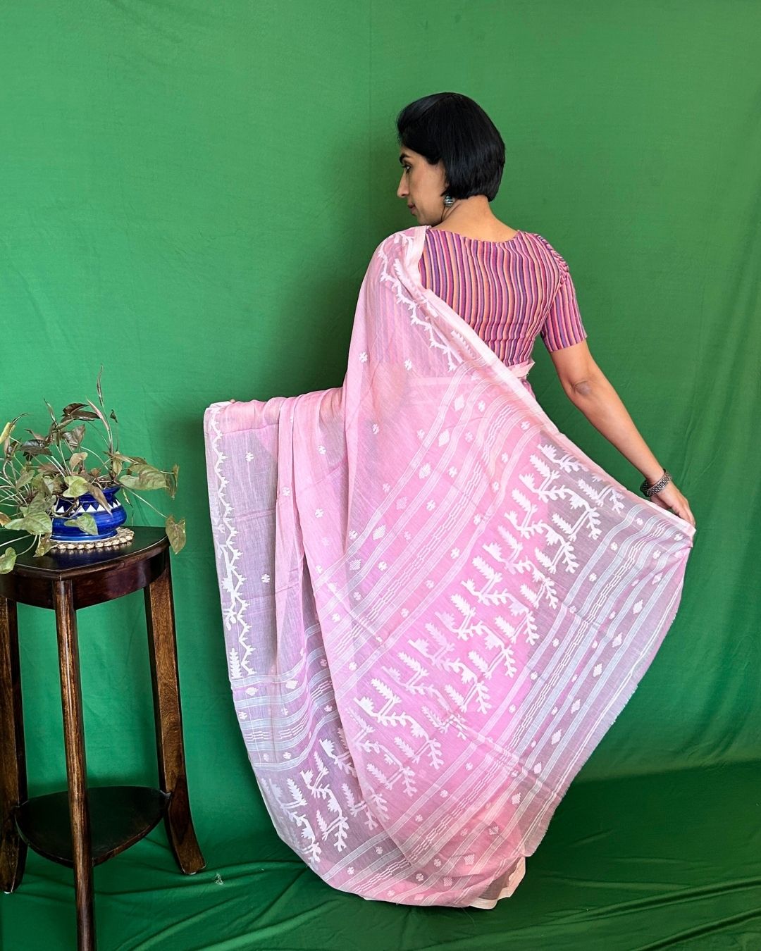 Carnation Pink and White Cotton Jamdani Saree