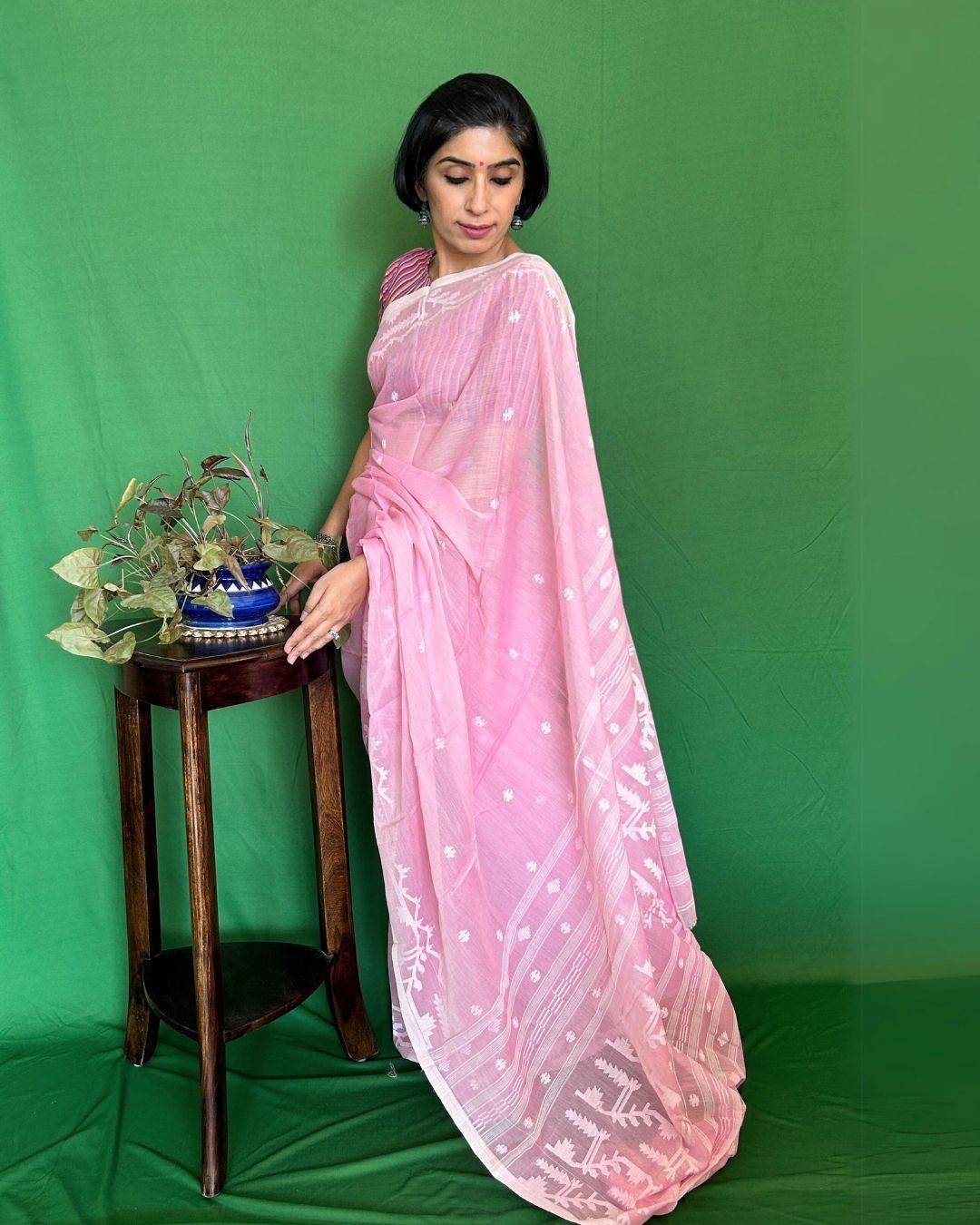 Carnation Pink and White Cotton Jamdani Saree
