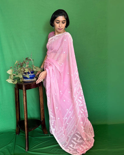 Carnation Pink and White Cotton Jamdani Saree