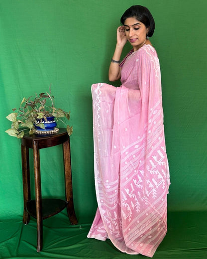 Carnation Pink and White Cotton Jamdani Saree