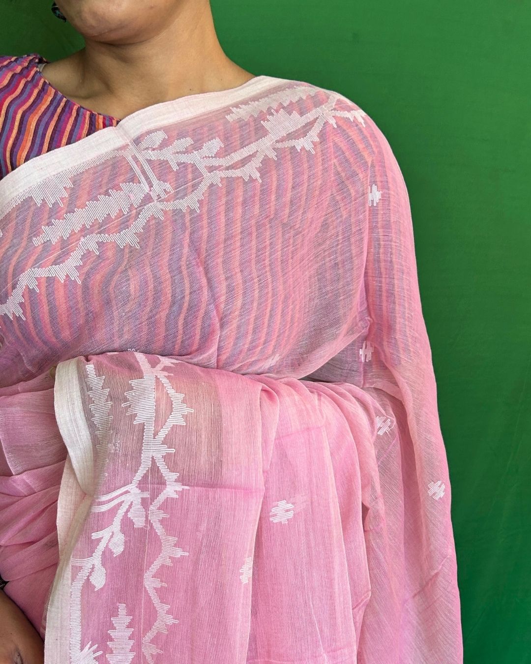 Carnation Pink and White Cotton Jamdani Saree