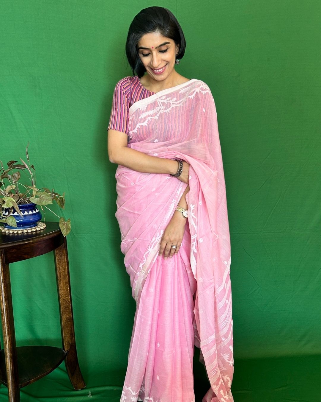 Carnation Pink and White Cotton Jamdani Saree