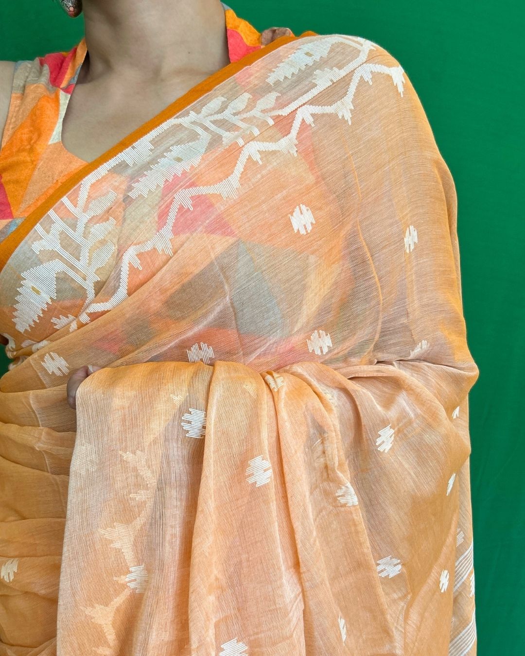 Peaches and Cream Cotton Jamdani Saree