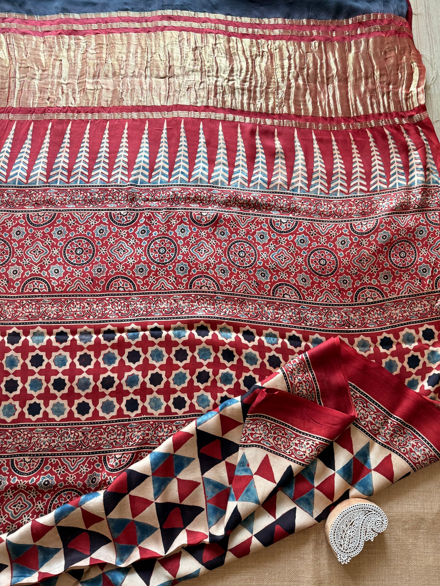 Red Geometric Ajrakh Print Modal Silk Saree