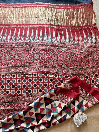 Red Geometric Ajrakh Print Modal Silk Saree