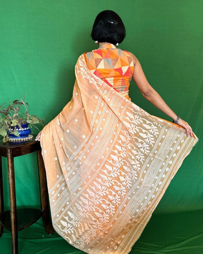 Peaches and Cream Cotton Jamdani Saree
