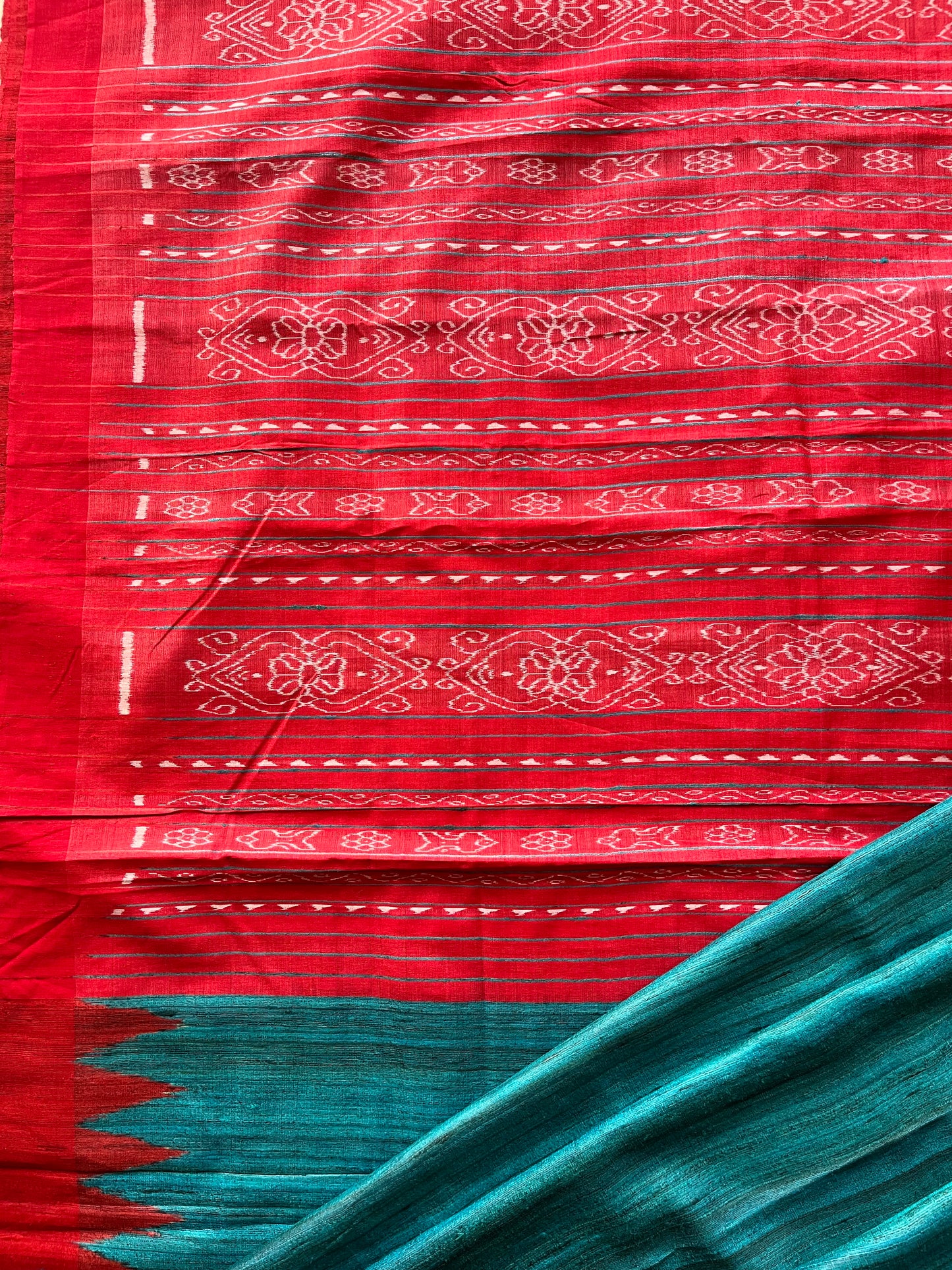 Red and Sea Green Gopalpur Tussar Saree