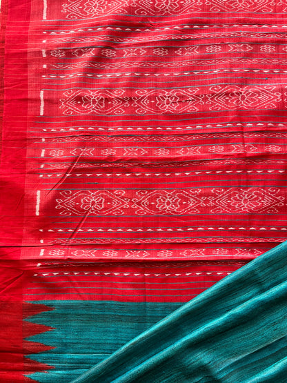Red and Sea Green Gopalpur Tussar Saree