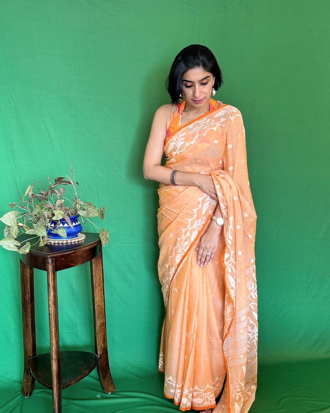 Peaches and Cream Cotton Jamdani Saree