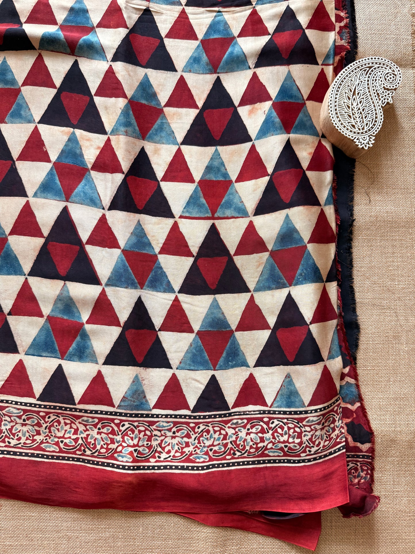 Red Geometric Ajrakh Print Modal Silk Saree