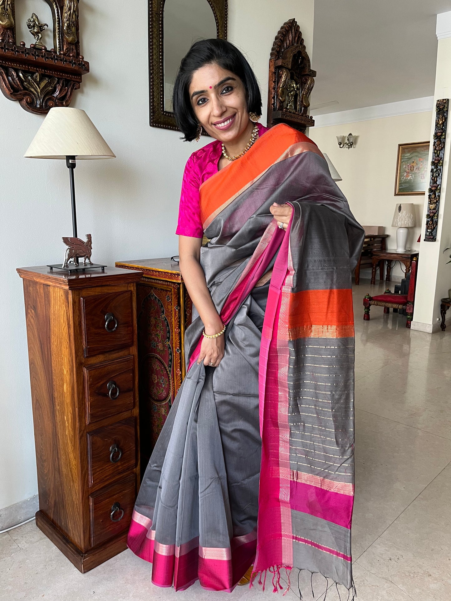 Grey Maheshwari Saree with Ganga Jamuna Resham Borders