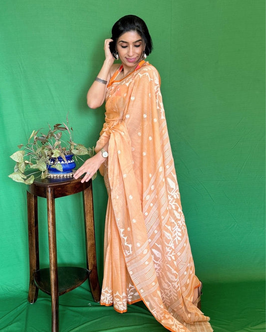 Peaches and Cream Cotton Jamdani Saree